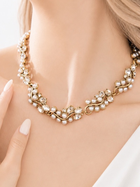 Anthropologie Jewelry - Elegant Gold Pearl and Crystal Statement Necklace